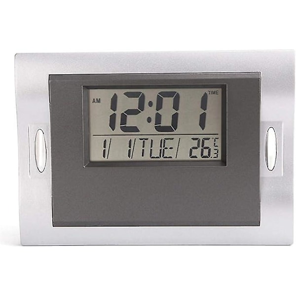 Modern Tyst Klocka för Vardagsrum, LCD-Display, Kreativ Elektronisk Väckarklocka, Tid/Datum/Vecka/Temperatur, Bordsklocka (Grå)