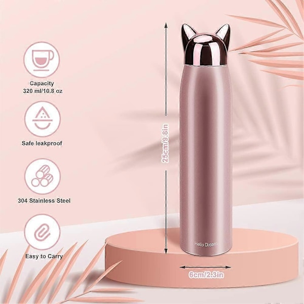 Söt Katt Vattenflaska, Rostfritt Stål Isolerad Vattenflaska Termos Vakuum Rese Kaffemugg, 320 ml/10.8 oz (Rosa)
