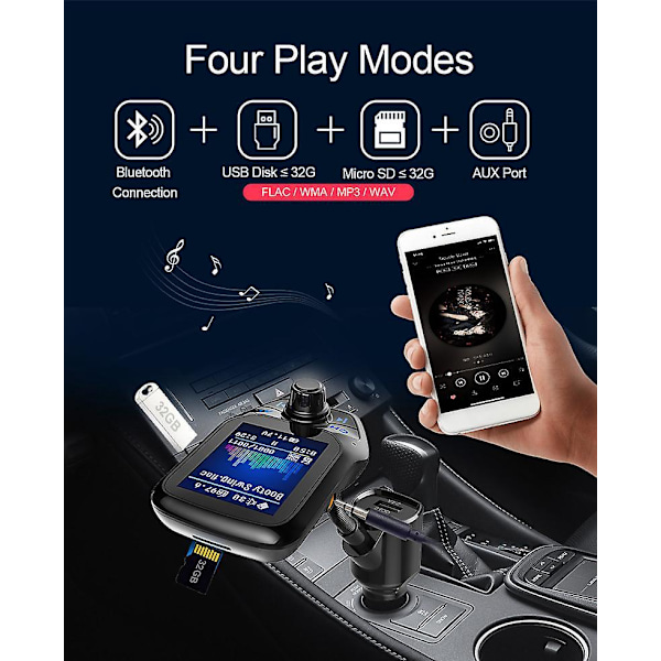 Bluetooth FM-transmitter Trådløs Bilradioadapter med Farveskærm Håndfri Opkald AUX SD TF USB Oplader QC3.0 til Smartphones