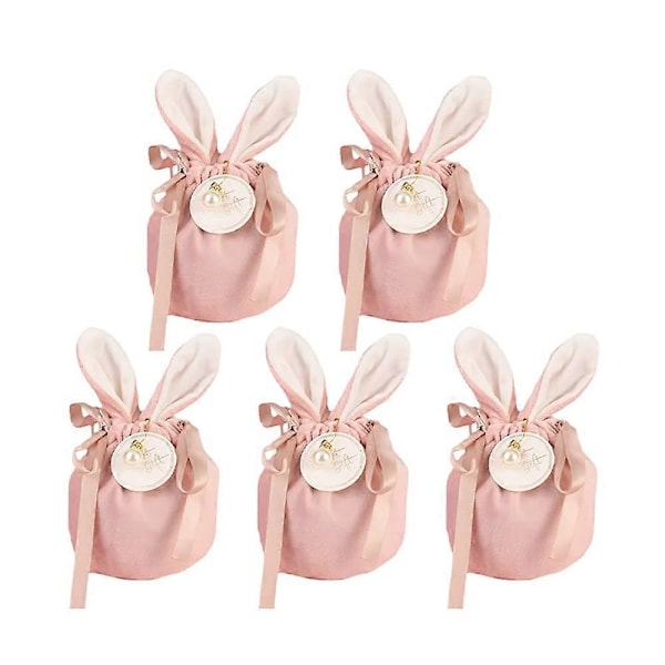 Påskgodispåsar, 5 st Chokladsmyckeskrin Sammetspåsar med Tecknade Kaninöron Party Presentförpackningspåsar för Bagerifest med Klistermärken (Rosa)