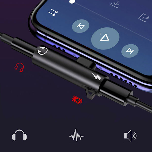 2 i 1 lydsplitteradapteroplader 3,5 mm AUX-øretelefonadapter til iPhone