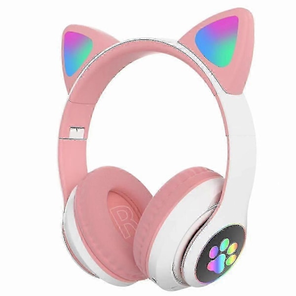 Hodetelefoner Katteøre Trådløse Hodetelefoner, LED Lysende Bluetooth Hodetelefoner Rosa