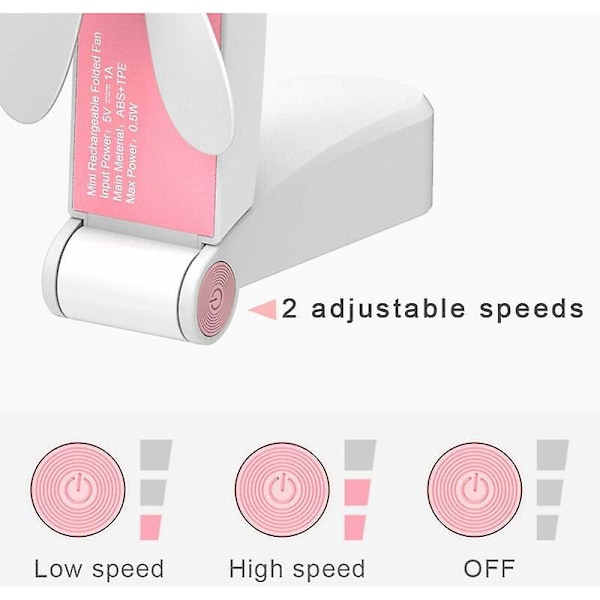 Vifter Mini Sammenleggbar Lommevifte Bærbar Håndvifte USB Oppladbar Vifte Batterier Små Reisevifter for Hjem, Kontor, Camping - Rosa