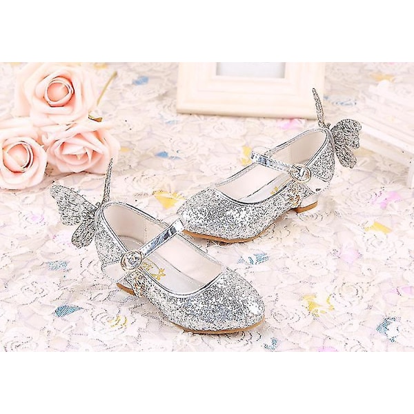 Piges Prinsesse Glitter Høj Hæl Læder Sko med 3D Butterfly Design - Sølv