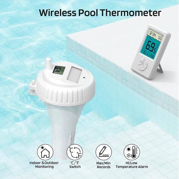 Trådløst flydende pooltermometer, indendørs/udendørs termometer til pools, spabade, boblebade og damme, hvid