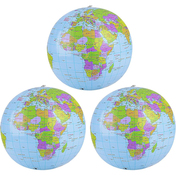 3-pack PVC Uppblåsbara Glober - 40 cm Före Uppblåsning - 30 cm Efter Uppblåsning - Badbollar för Strand, Kontor, Skola, Undervisning - Presenter till Studenter
