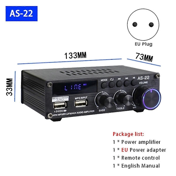 AS22 HiFi Digital Forstærker 30Wx2 2.0 Kanal Bil Bluetooth EU Stik