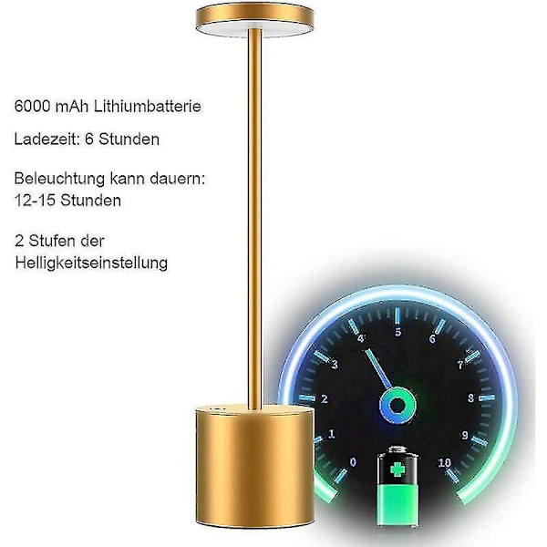 Trådløs bordlampe, 3600 mAh oppladbart batteri, 2 lysstyrkenivåer, metall nattbordslampe, for Livi