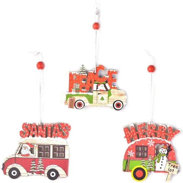 Nyår Älg Trähus Bil Rustik Trä Handgjord Hängande Julgransdekoration Festtillbehör Hängande Hängen Ornament Set om 3 (StyleCar C)