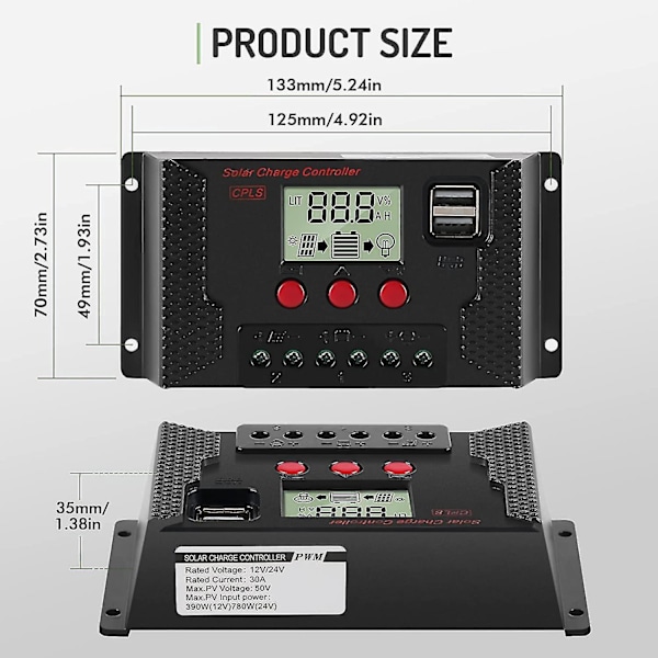 30A Laderegulator Solpanel Laderegulator Automatisk Identifikation 12V/24V med LCD-display og 5V USB-port