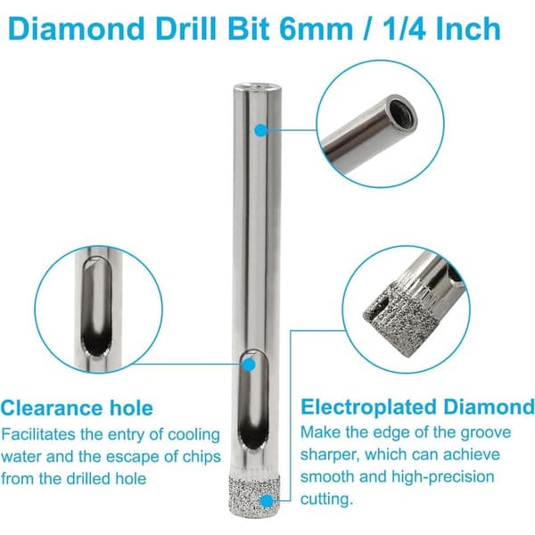 Sæt med 12 6 mm diamantborebits til glashulsave, diamantspidsede borebits til keramik, fliser, porcelæn, marmor, granit