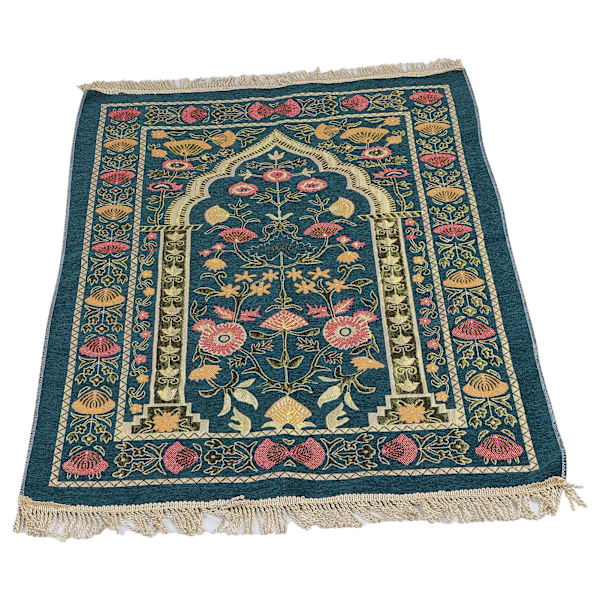 Muslimsk bönematta bärbar utsökt broderad blommig design etnisk dyrkan matta blå