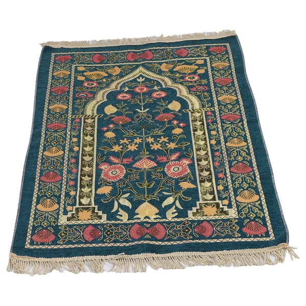 Muslimsk bønneteppe bærbart utsøkt brodert blomsterdesign etnisk tilbedelsesmatte blå