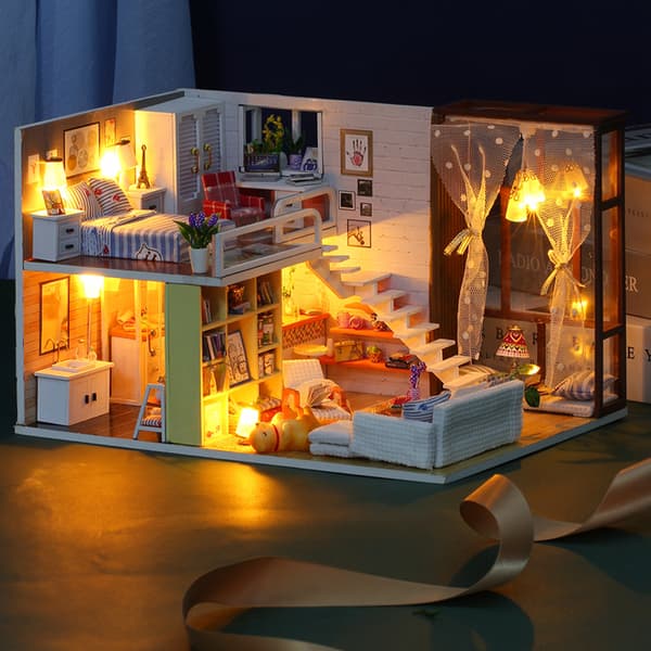 Træhåndværk Miniature Dukkehus Sæt Enkel Stil Dukkehus Samlemodeller Legetøjsgave