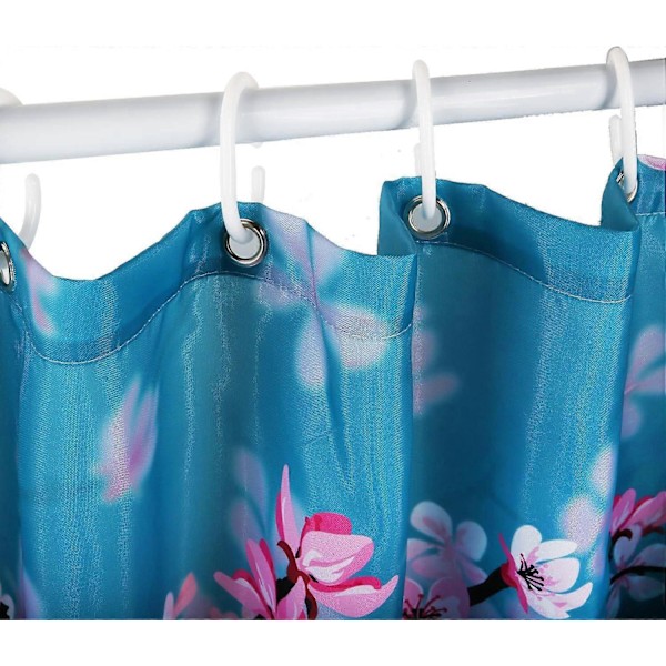 Kirsebærblomst Bruseforhæng, Blomstret Teal Stof Sakura Blomme Bruseforhæng med 12 Kroge Ba