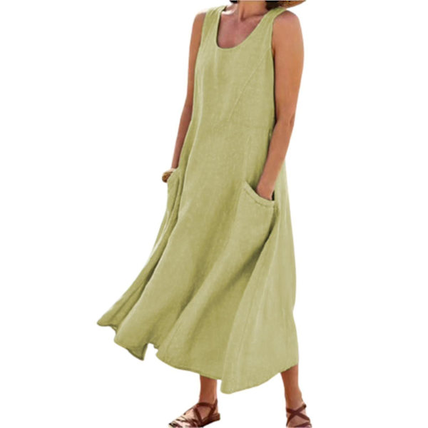 Axelbandslös Bomullslinne Strandklänning med Fickor - Bohemisk Stil (Ljusgrön, 3XL)