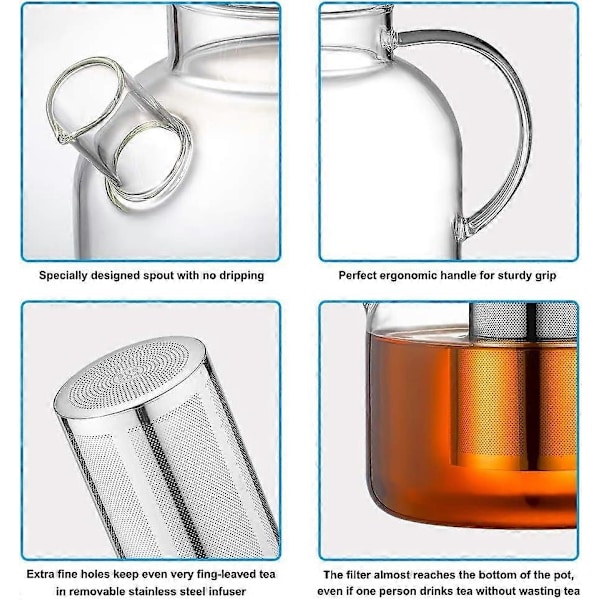 Glas Tekanna, 900ML Spissäker Vattenkokare med Borosilikatglas Vatten Glas Infuser Lösblad