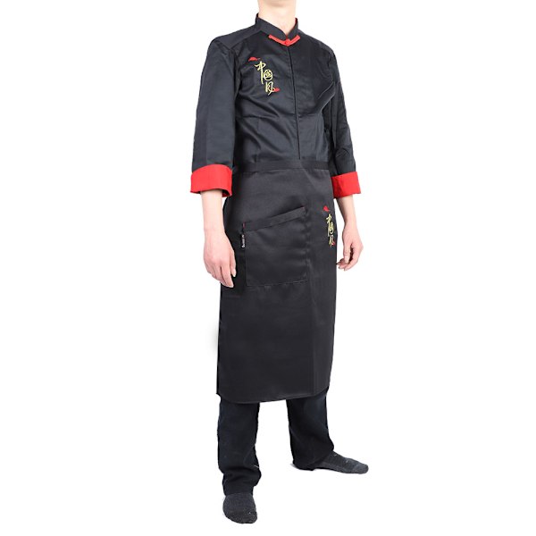 2 stk. Vintage Unisex Kokkeuniform Sæt Kokkejakke Langærmet Kokkefrakke med Forklæde (Sort XXL)