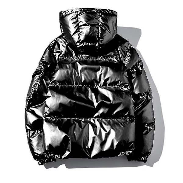 Blank Glans Sort Mænds Tyk Hættetrøje Vinterjakke Frakke Yderbeklædning 2XL