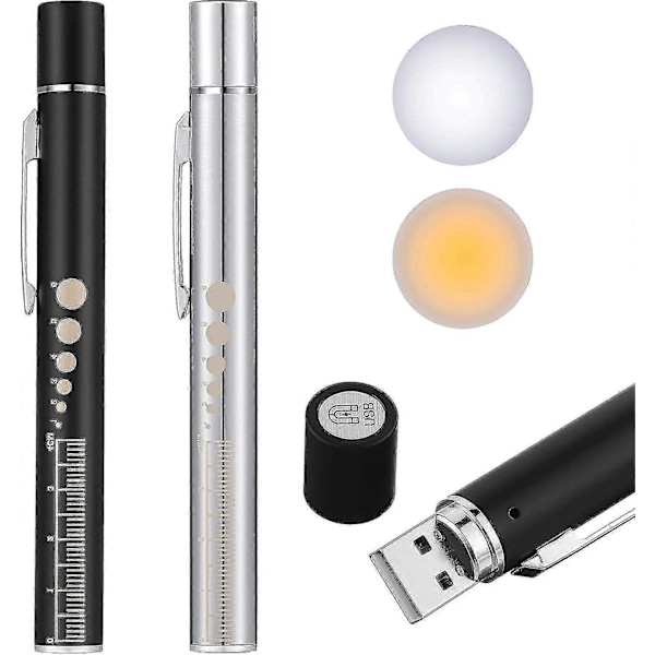 Pennlampa Återanvändbar LED Pennlampa För Studenter Läkare Sjuksköterskor Med 2 LED Ljuskällor USB Uppladdningsbar Extra Varm Lampa Fickklämma (svart Si -JRS