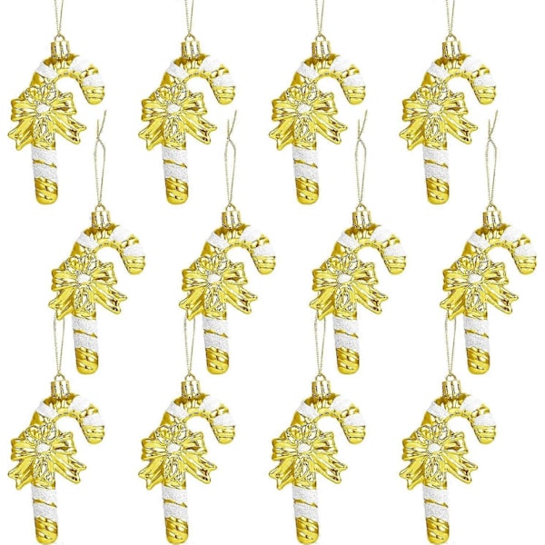 12 st Glittrande Julgranskarameller 11cm för Julgransdekorationer Ornament Godis Käpp Hängande Guld och Vita Ränder