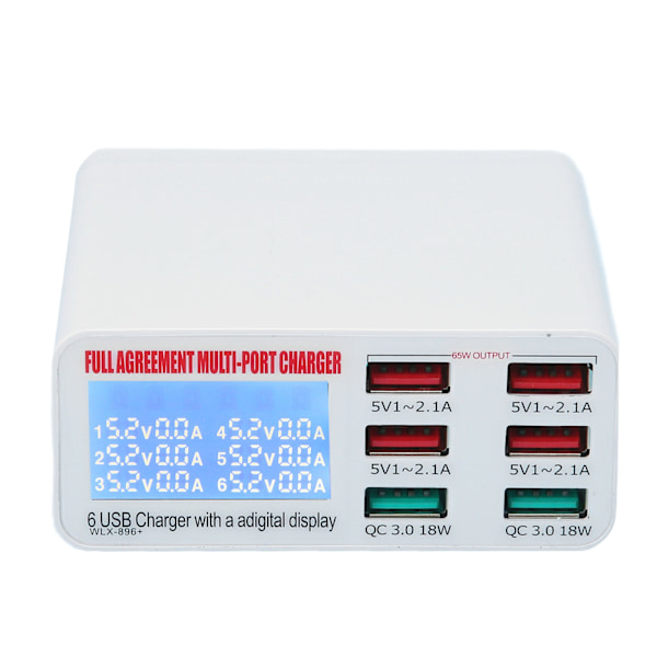 QC3.0 Flere USB Vægoplader 6 Muti Port USB Adapter Strømstik Hurtig Opladning Blok Cube med LED Display 100‑240VUS Stik
