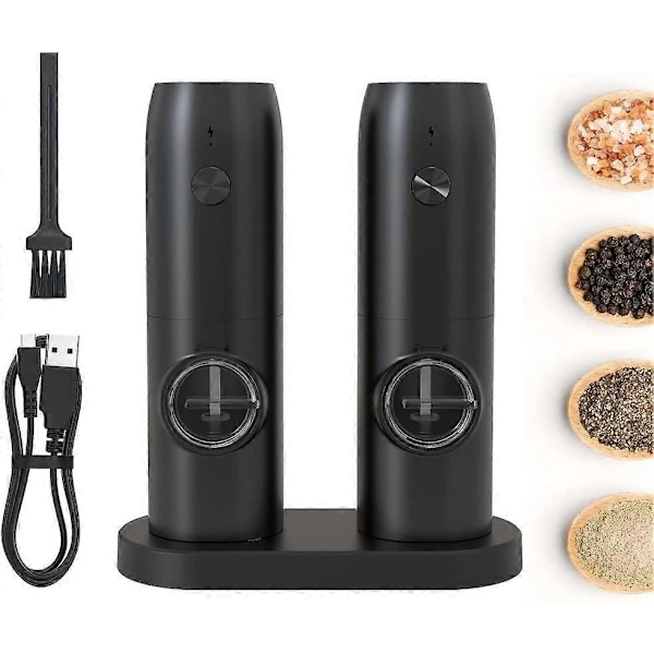 Elektrisk Salt- och Pepparkvarn Set Uppladdningsbar med Bas, Automatisk Salt- och Pepparkvarn Påfyllningsbar Kryddkvarn Set 2 med Justerbar Grovhet & LED