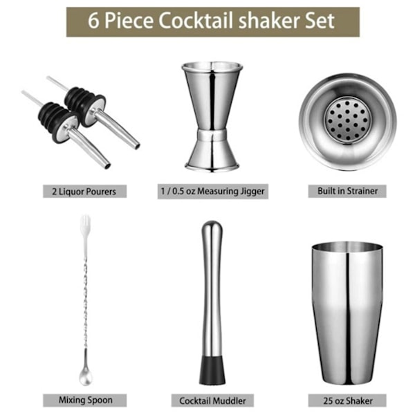 6 stk. Bartender Kit Rustfrit Cocktail Shaker Blandingsstang Bar Værktøjssæt til Drik