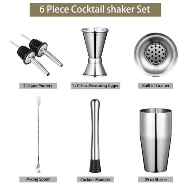 6 stk. Bartendersæt i rustfrit stål Cocktailshaker Blandestav Barsæt til drinks