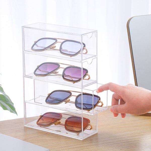 Gennemsigtig solbrilleopbevaringsboks - 4-lags stabelbar organisering til kontor og soveværelse