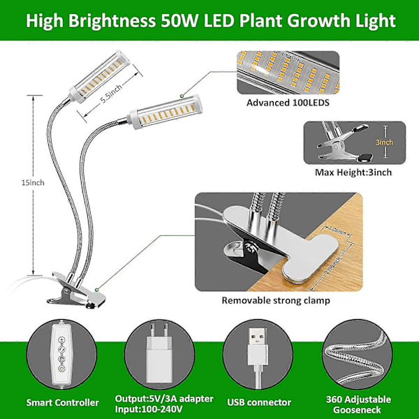 Plante Lampe, Plantevækstlampe 100 LED Lys 5 Niveauer Justerbar Fuld Spektrum Vækstlys med Auto Timer/3H/6H/12H