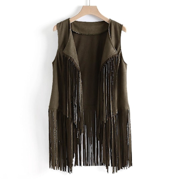 Suede Etno-Tassel-Kantvest - Dame Efterår Vinter, Grøn