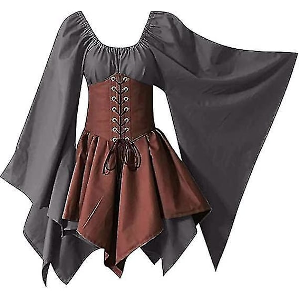 Medeltida Renässans Piratkorsettklänning med Flare-ärm - Kvinnors Traditionell Irländsk Kortklänning - Grå/Brun - Storlek 3XL