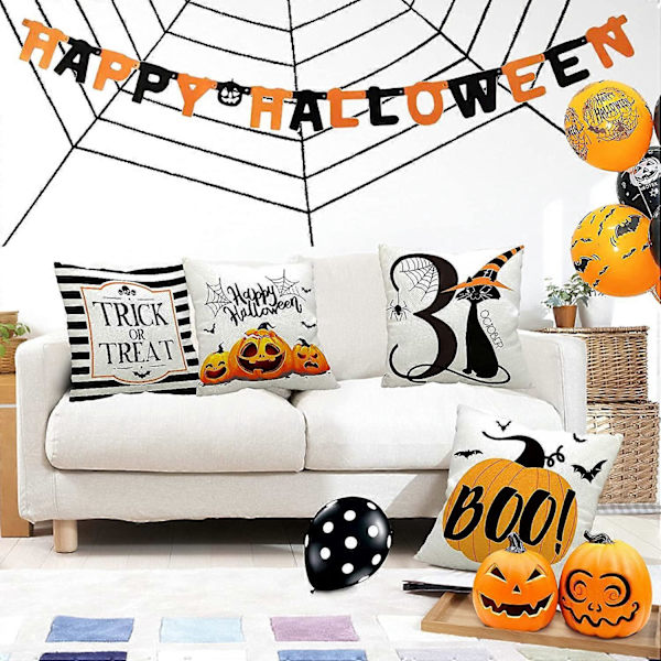 Halloween Kuddfodral 18x18 Set om 4 Bus eller Godis Kuddfodral Glad Halloween Linne Soffa Säng Prydnadskudde Överdrag Dekoration