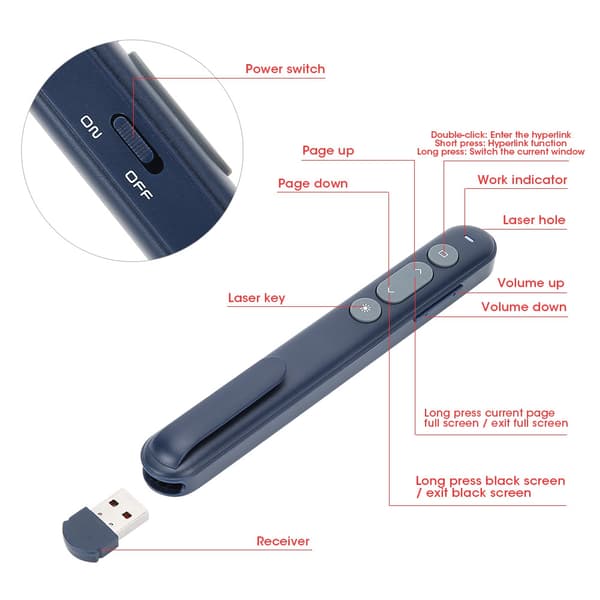 Trådløs Præsentationsklikker til PowerPoint, 2.4G, Batteridrevet