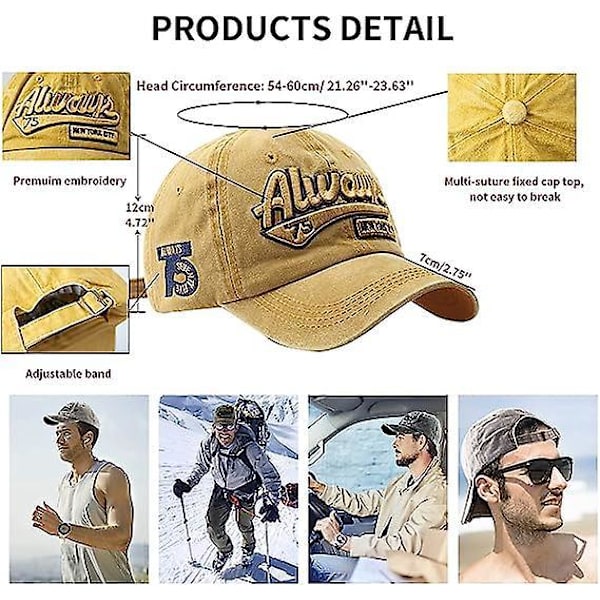 Retro herre vasket & åndbar baseball cap - justerbar sommerhat (56-60cm)