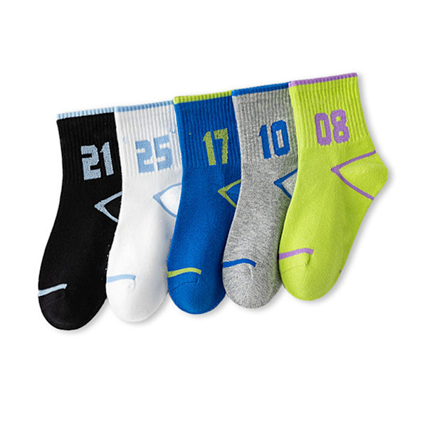5 par barns sports strumpor med siffror tryckta medellängd färgglada bomullsstrumpor för höstkläder XL (9-12 år gamla)