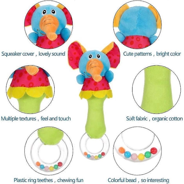 3-pack skallror för bebis Shaker för bebis Mjuka plyschleksaker Musikaliska pedagogiska leksaker Spädbarnsutveckling för bebisar 0-12 månader (elefant/lejon/