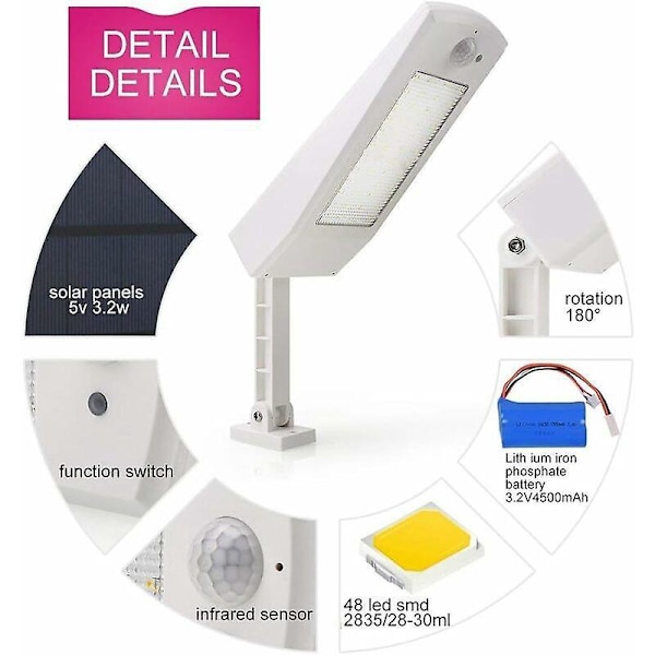 Vägglampa 48 LED 4500mAh Solcellslampa 900lm IP65 Vattentät Utomhuslampa Svart med Justerbart Ställ, 120° Rörelsesensorlampor [Energiklass A+++]