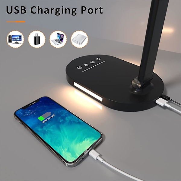 LED Kontorlampe - USB-ladingspورت, 5 fargemodus, 5 lysstyrkenivåer, automatisk timer, øyevennlig