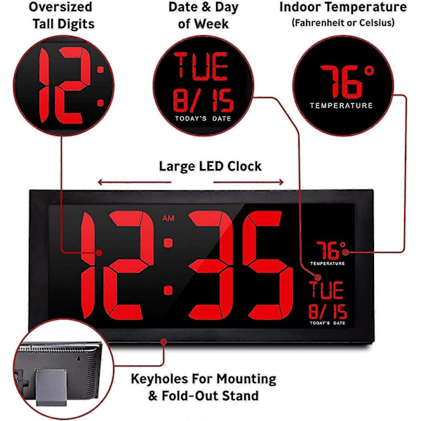 LED Digital Väggklocka, Stor Tyst Väckarklocka med Tid Kalender Datum och Temperatur Hängande eller Bordsdisplay för Hemmakontor Sovrum Gym Vardagsrum