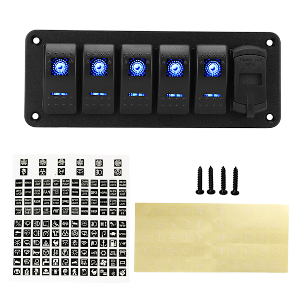 5-knaps vippekontaktpanel 12V-24V dobbelt USB-oplader LED spændingsdisplay til/fra-kontakt til lastbil RV Yacht