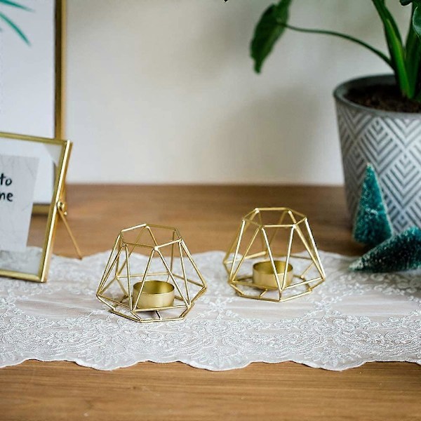 2 stycken geometriska värmeljushållare, guld bordsljusstakar (2 x små)