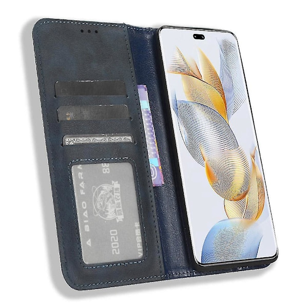kompatibel Honor 90 Magnetisk Standpung Telefon Cover PU Læder Retro Telefon Shell Case-I Blå