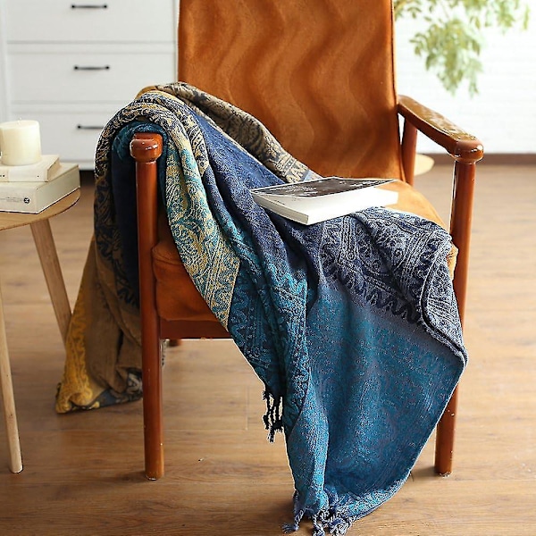 Stammemønster Chenille tæppe med kvaster - 150 x 190 cm, blå