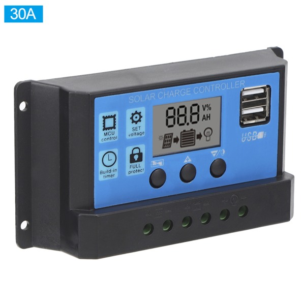 Solar Charge Controller LCD Dual USB PWM Cell Panel Regulator med Load Automatic Identification 12V 24V30A