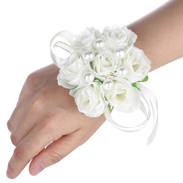 2 stk. smukke håndblomster brudepige håndledsbuketter bryllupsdekorationer perle satin (hvid)