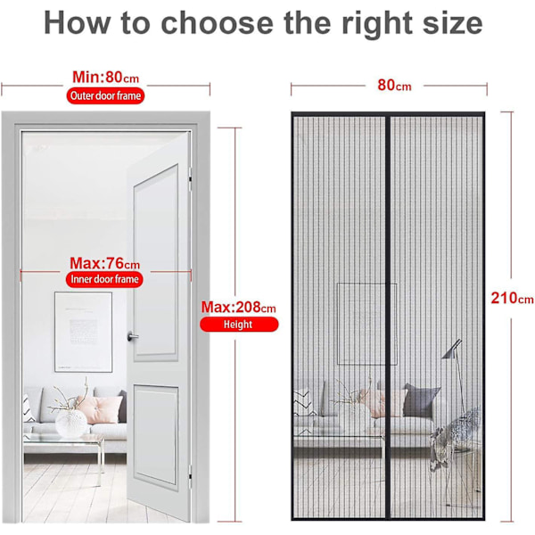 Magnetisk Mesh Myggenet Skærm til Døre - 80x230cm, Sort