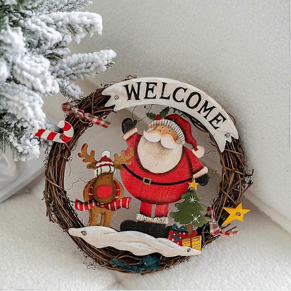 Julkrans för ytterdörr, flätad julkrans med jultomte, flätad julkransdekoration, välkomstkrans för jul för inomhusbruk a