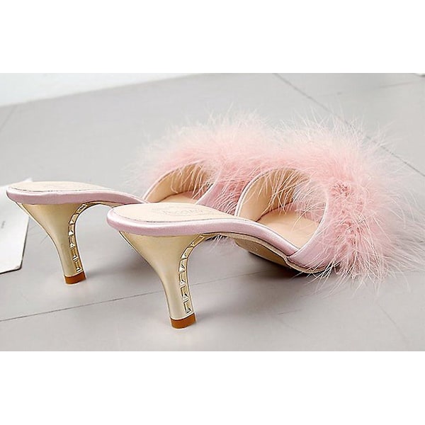 Damtofflor Kitten Heels Fuzzy Tofflor Mules Slide Sandal